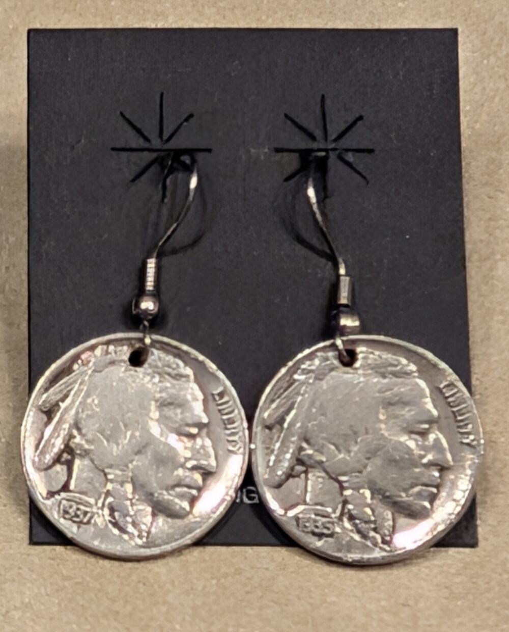 Vtg Authentic Buffalo Indian Head Nickel Coin Earrings 1935 1937